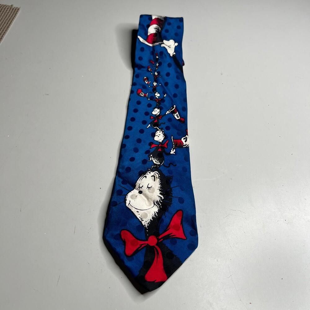 Vintage Dr Seuss Cat in the‎ Hat Necktie Blue Polka Dot 1996 Licensed